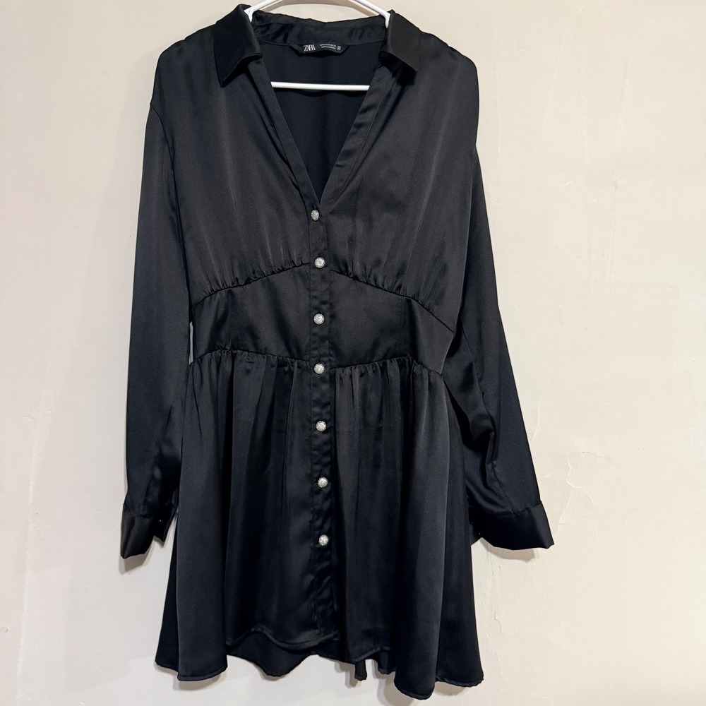 ZARA Black Satin Button Shirt Dress Mini Size M Cocktail Glam Feminine Party